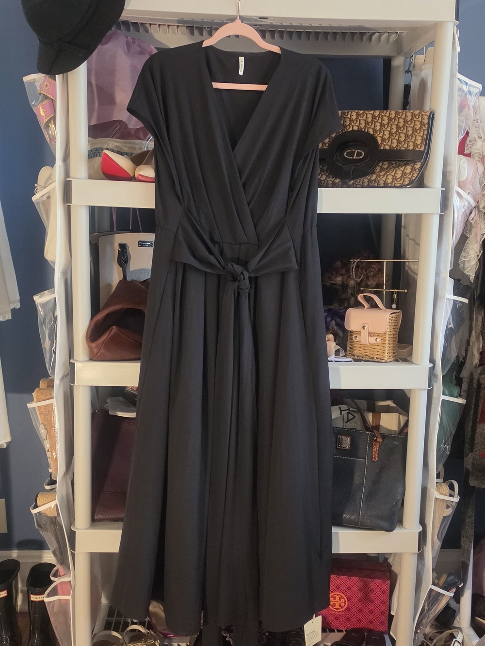 HALARA Black Wrap-Front Maxi Dress with Waist Tie